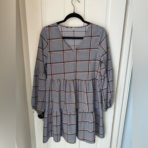 Women's Long Sleeve Plaid Dress - Black, White, Brown